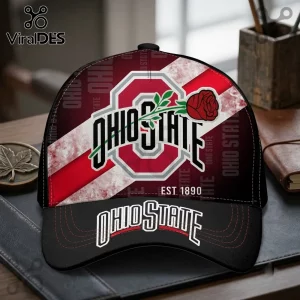 Ohio State Buckeyes Rose Logo Baseball Cap featuring a scarlet block O, a red rose, and white athletic lettering on panels.