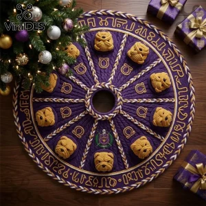 Omega Psi Phi Purple Bulldog Christmas Tree Skirt with 3D yellow bulldog heads and gold fraternity logos on purple knit.