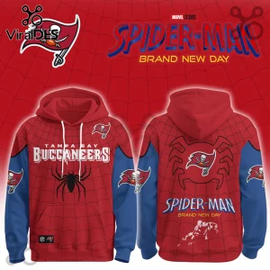 Tampa Bay Buccaneers x Spider-Man Brand New Day hoodie featuring red and blue colors, spider-web patterns, and NFL logos.