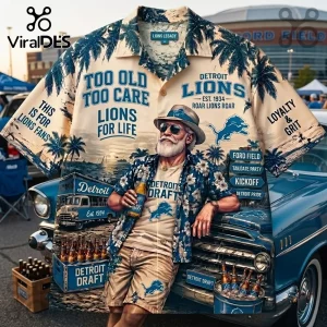 Detroit Lions Tropical Pattern Hawaiian Shirt with Ford Field graphics, vintage truck, and Detroit Draft beer imagery.