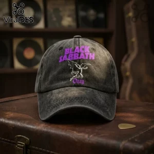 Black Sabbath Ozzy Osbourne washed black baseball cap with purple text and a white demon graphic on the front panel.