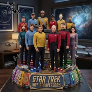 Star Trek 60th Anniversary Sculpted Character Diorama featuring iconic crew figures on a lit, circular base.