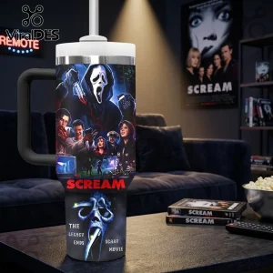 Scream Horror Movie 40oz Stanley Tumbler featuring Ghostface character art, film cast collage, and blue mask graphic.