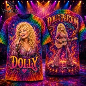 Dolly Parton Queen of Country Premium Shirt featuring a vibrant tie-dye pattern, blonde hair, and musical concert imagery.
