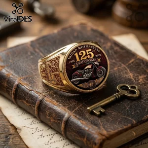 Indian Motorcycle 125th Anniversary Gold Ring featuring an engraved bike graphic, 1901-2026 dates, and ornate gold metalwork.