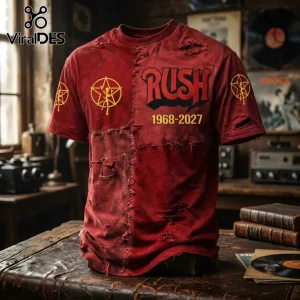 Rush 1968-2027 Distressed Red T-Shirt featuring a vintage aesthetic, gold starman logos, and frayed fabric edges.