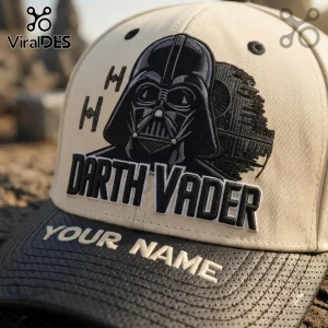 Star Wars Darth Vader Custom Name Cap in beige with black embroidery featuring Vader, the Death Star, and custom lettering.