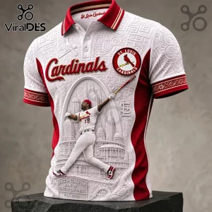 St. Louis Cardinals Busch Stadium white polo shirt featuring an embossed 3D graphic of a baseball player and city skyline.