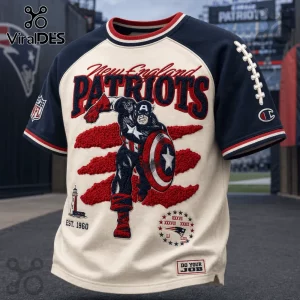 New England Patriots x Captain America vintage embroidered shirt with navy blue and cream fabric and textured team graphics.