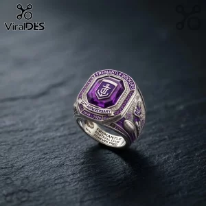 Fremantle Dockers 32nd Anniversary Engraved Ring with a purple center stone, silver metal, and team logo details.