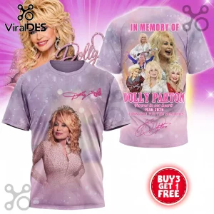 Dolly Parton In Memory Memorial Purple T-Shirt featuring collage photos, musical iconography, and glittery butterfly accents.