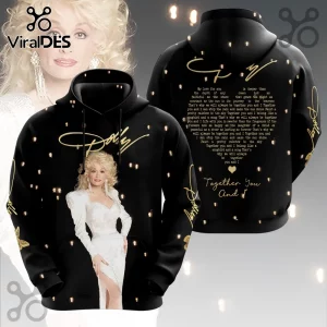 Dolly Parton Together You And I Black Hoodie featuring a portrait of Dolly in a white gown and song lyrics in gold text.
