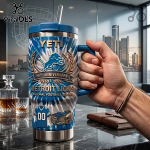Detroit Lions 96th Anniversary Tie Dye YETI Tumbler with team logo, blue and white spiral pattern, and stadium graphics.