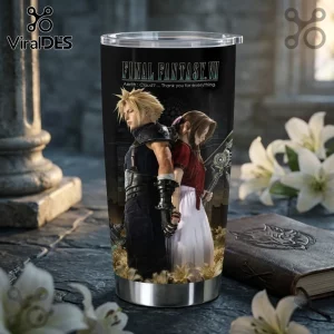 Final Fantasy VII Cloud and Aerith Tumbler features the iconic characters back-to-back with the game logo on black steel.