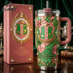 AKA Alpha Kappa Alpha Stained Glass Stanley Tumbler features pink and green floral motifs, gold filigree, and pearls.