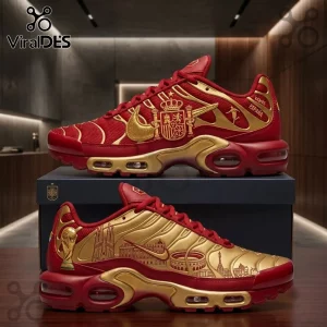 Spain National Team World Cup Air Max Plus Shoes featuring red mesh and gold overlays with Spanish crest and city skyline.