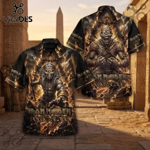 Iron Maiden Powerslave Hawaiian shirt featuring gold and black Egyptian mummy Eddie graphics against stone ruins.