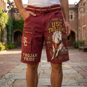 USC Trojans Red Mascot Cargo Casual Shorts featuring graphic prints of the Trojan horse, logo, and text on cotton fabric.