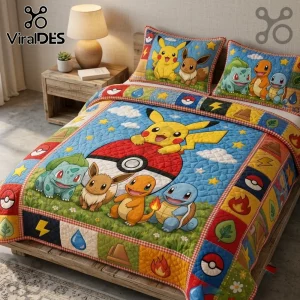 Pokemon Character Pikachu Eevee Quilt Bedding Set featuring colorful cartoon icons on a blue background with pillows.