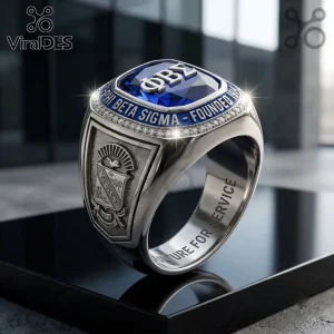 Phi Beta Sigma Engraved Silver Ring with blue stone center, Greek letters, and side shield detailing on black display base.