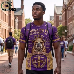 Omega Psi Phi Fraternity Bulldog Purple Gold T-Shirt featuring a central bulldog graphic, Greek lettering, and crown motif.