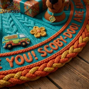 Scooby-Doo Blue 2026 Christmas Tree Skirt with textured Mystery Machine applique and knitted orange and yellow border trim.