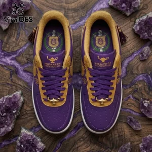 Omega Psi Phi Fraternity Air Force 1 shoes in purple and gold leather with lamp lace locks and custom crest insoles.