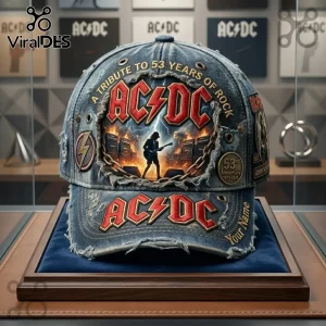 AC/DC 53rd Anniversary Custom Denim Baseball Cap with distressed blue fabric, guitar player graphic, and metal chain detail.