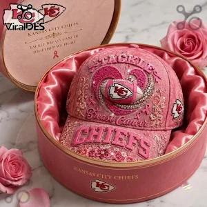 Kansas City Chiefs Breast Cancer Awareness Embroidered Cap with rhinestone accents inside a round pink gift box.