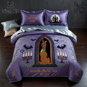 Scooby-Doo Mystery Club Purple 3-Piece Bedding Set featuring a gothic castle window, bats, spiderwebs, and lit candles.