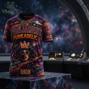 Parliament Funkadelic Mothership Spaceship shirt with purple galaxy print, star-shaped glasses graphic, and bold text.