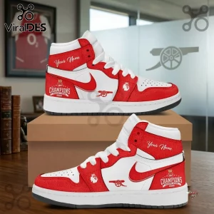 Arsenal FC 2026 Premier League Air Jordan High Top Sneakers in red and white with custom name and championship detailing.