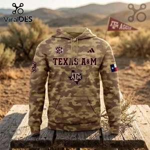 Texas A&M University Desert Camo Hoodie featuring SEC and Aggie logos, a Texas flag patch, and tan camouflage pattern.