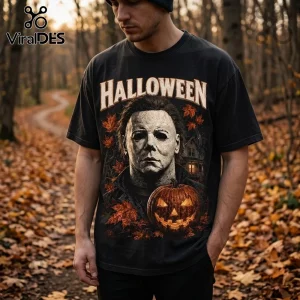 Halloween Michael Myers The Night He Came Home shirt features a graphic of the horror icon, a pumpkin, and autumn leaves.