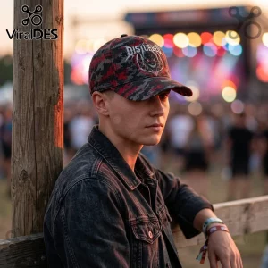 Disturbed Dark Messiah Black Camo Baseball Cap worn by a man at a music festival with red and black camouflage pattern.