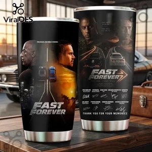 Fast and Furious 25th Anniversary Stainless Steel Tumbler featuring Vin Diesel, Paul Walker, film cars, and cast signatures.