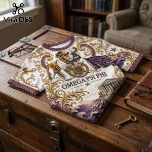 Omega Psi Phi Fraternity Mascot Howard University shirt with bulldog graphic, gold filigree, and purple accents on white.