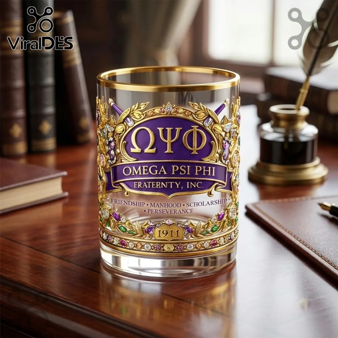 Omega Psi Phi 1911 Gold Trimmed Whiskey Glass Omega Psi Phi 1911 Gold Trimmed Whiskey Glass