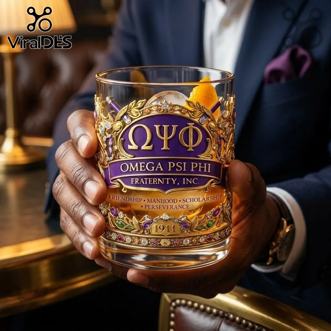 Omega Psi Phi 1911 Gold Trimmed Whiskey Glass Omega Psi Phi 1911 Gold Trimmed Whiskey Glass