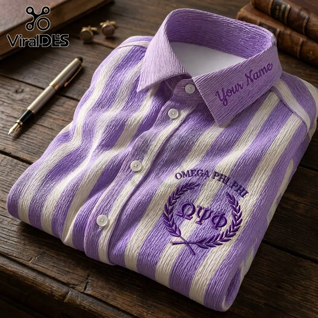 Omega Psi Phi Embroidered Striped Long Sleeve Button-Up Shirt Omega Psi Phi Embroidered Striped Long Sleeve Button-Up Shirt