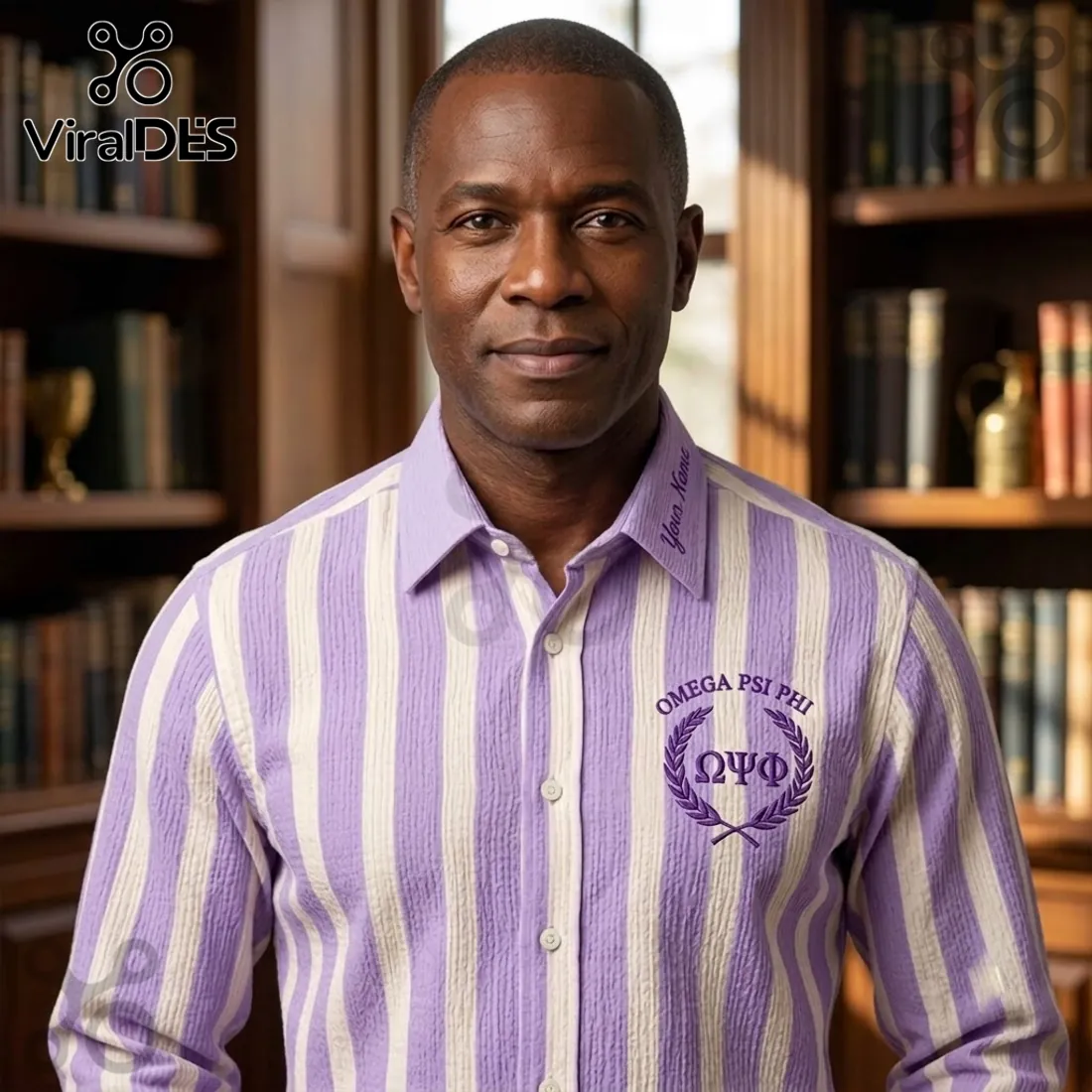 Omega Psi Phi Embroidered Striped Long Sleeve Button-Up Shirt Omega Psi Phi Embroidered Striped Long Sleeve Button-Up Shirt