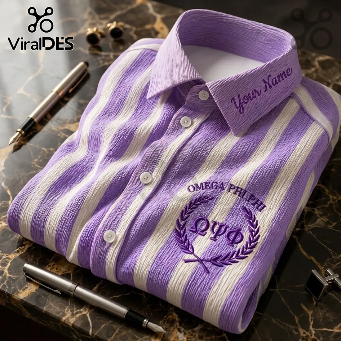 Omega Psi Phi Embroidered Striped Long Sleeve Button-Up Shirt Omega Psi Phi Embroidered Striped Long Sleeve Button-Up Shirt