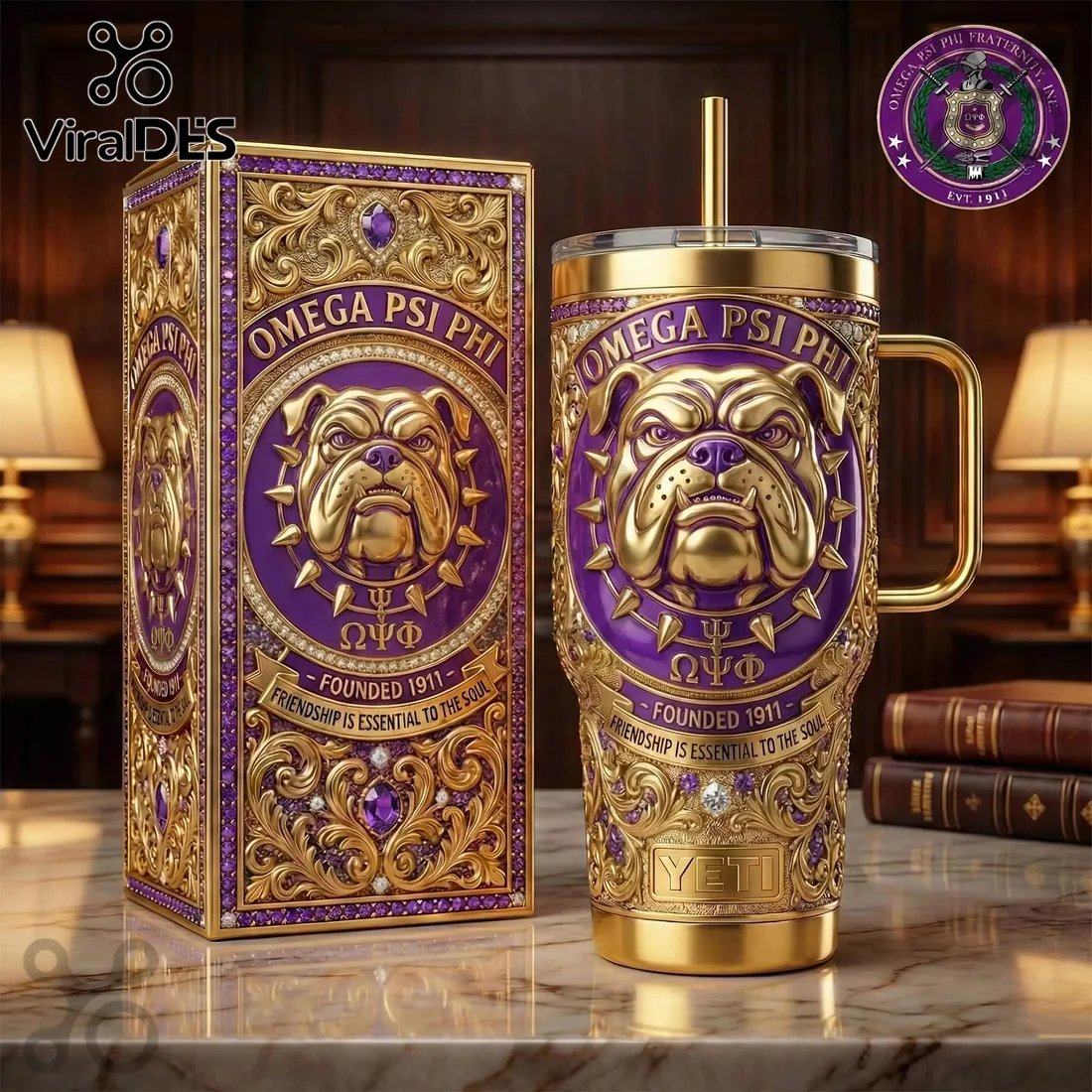 Omega Psi Phi Violet and Gold Bulldog YETI Handle Tumbler Omega Psi Phi Violet and Gold Bulldog YETI Handle Tumbler