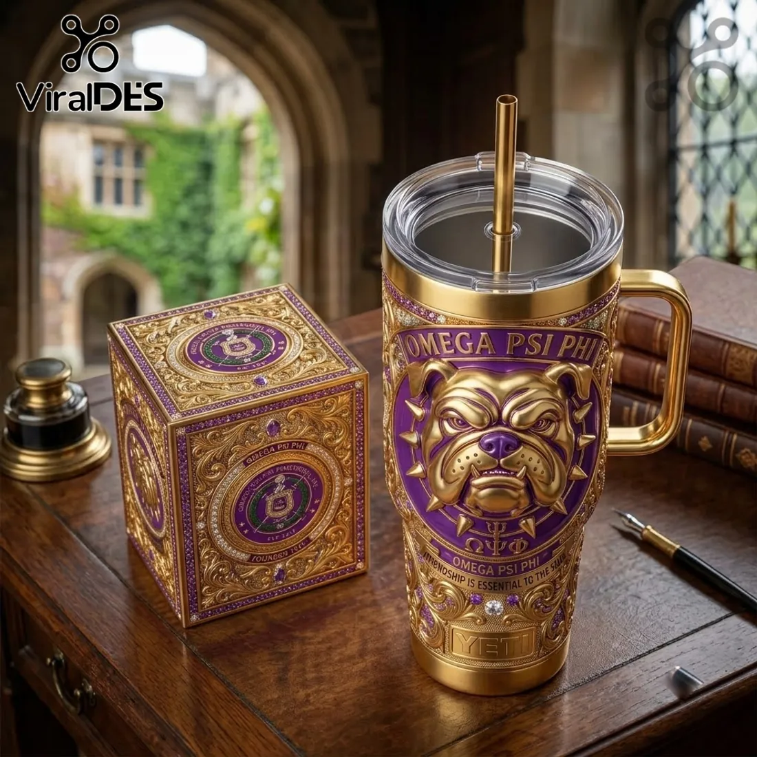 Omega Psi Phi Violet and Gold Bulldog YETI Handle Tumbler Omega Psi Phi Violet and Gold Bulldog YETI Handle Tumbler