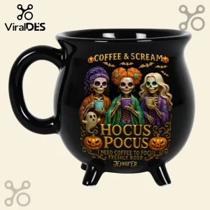 Hocus Pocus Three Sisters Cauldron Ceramic Mug featuring skeleton sisters, bats, pumpkins, and custom text on black.