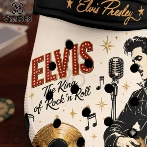 Elvis Presley Viva Las Vegas Crocs Clogs featuring gold lettering, Elvis graphic, vintage microphone, and music notes.