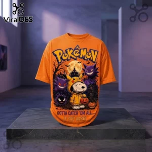 Snoopy x Pokemon Spooky 2026 Halloween T-Shirt in orange featuring Snoopy, Gengar, and Gastly in a pumpkin patch scene.