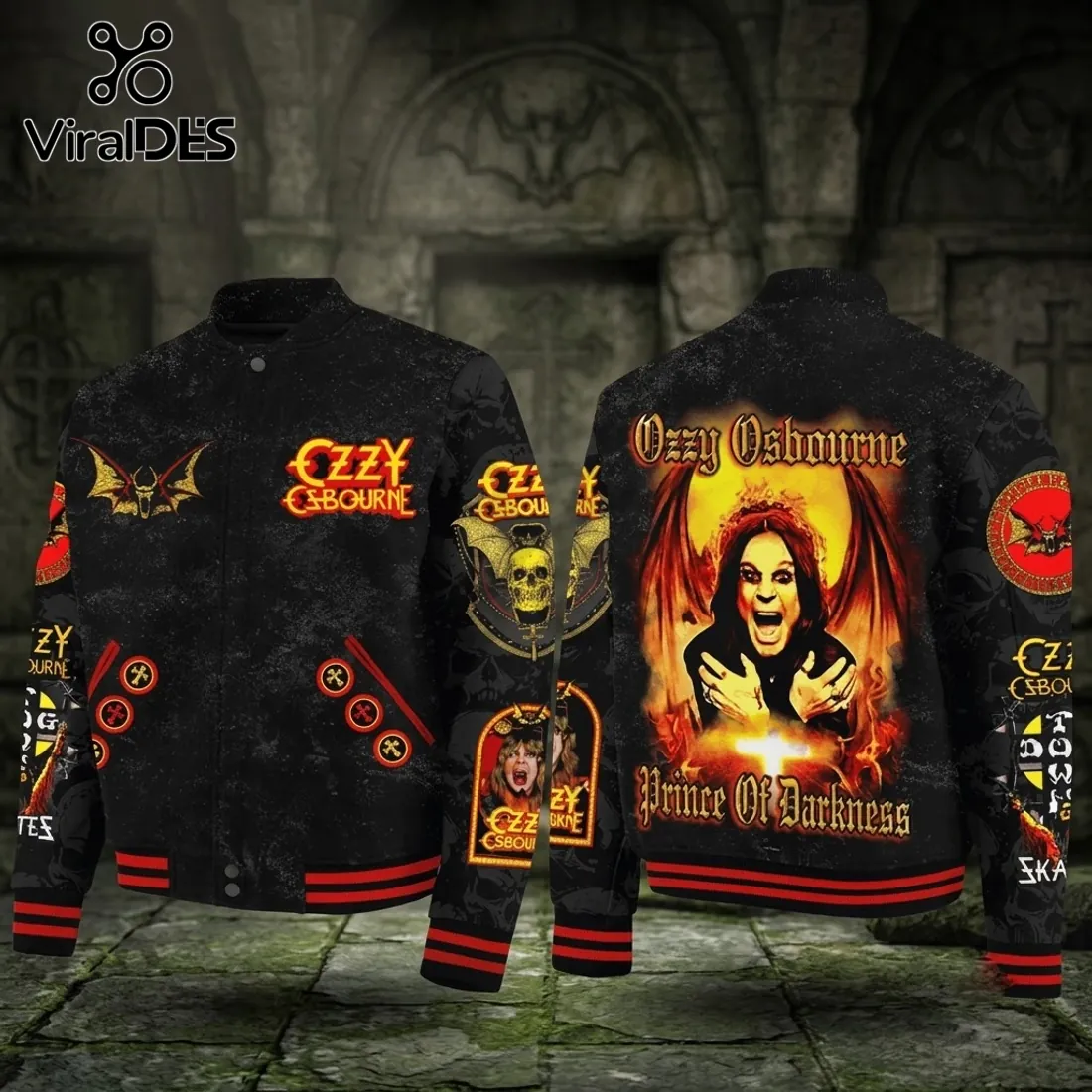 Ozzy Osbourne Prince of Darkness Black Bomber Baseball Jacket Ozzy Osbourne Prince of Darkness Black Bomber Baseball Jacket