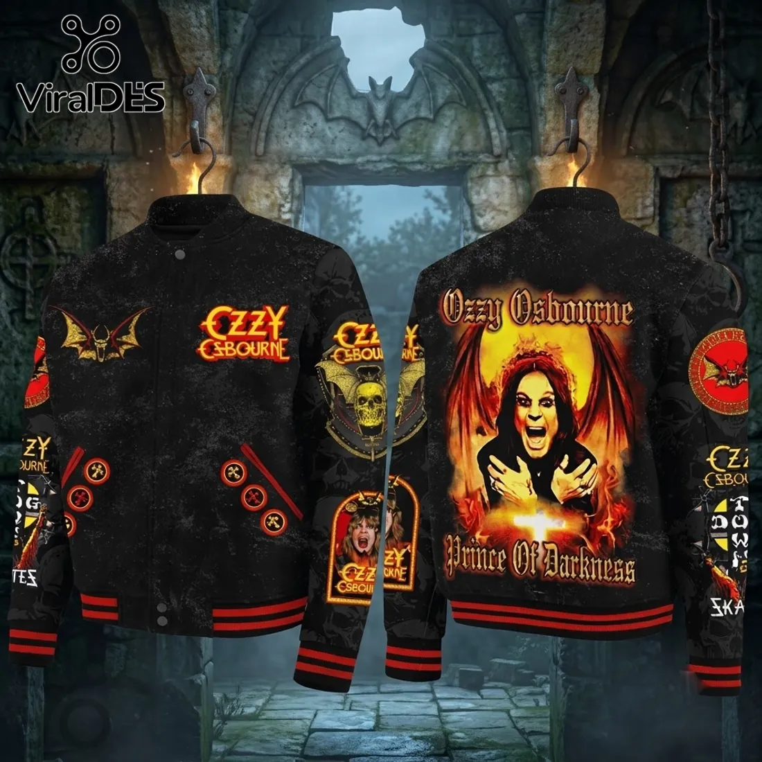 Ozzy Osbourne Prince of Darkness Black Bomber Baseball Jacket Ozzy Osbourne Prince of Darkness Black Bomber Baseball Jacket