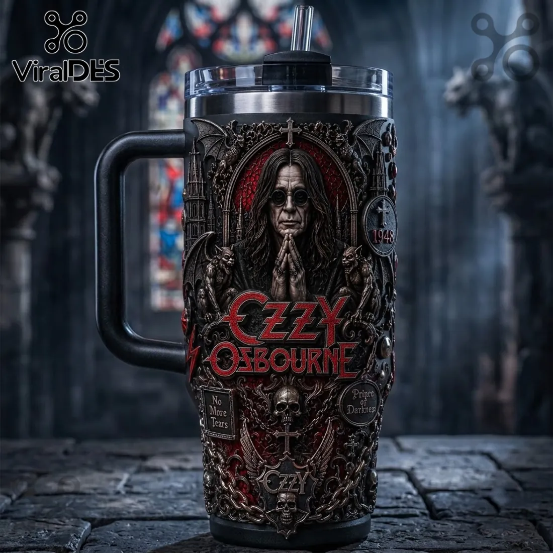 Ozzy Osbourne Prince of Darkness Embossed 40oz Handle Tumbler Ozzy Osbourne Prince of Darkness Embossed 40oz Handle Tumbler